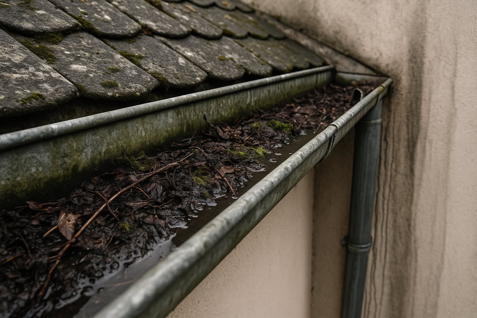 Avant nettoyage — gouttière bouchée pleine de feuilles et mousses à Rennes, débordement eau