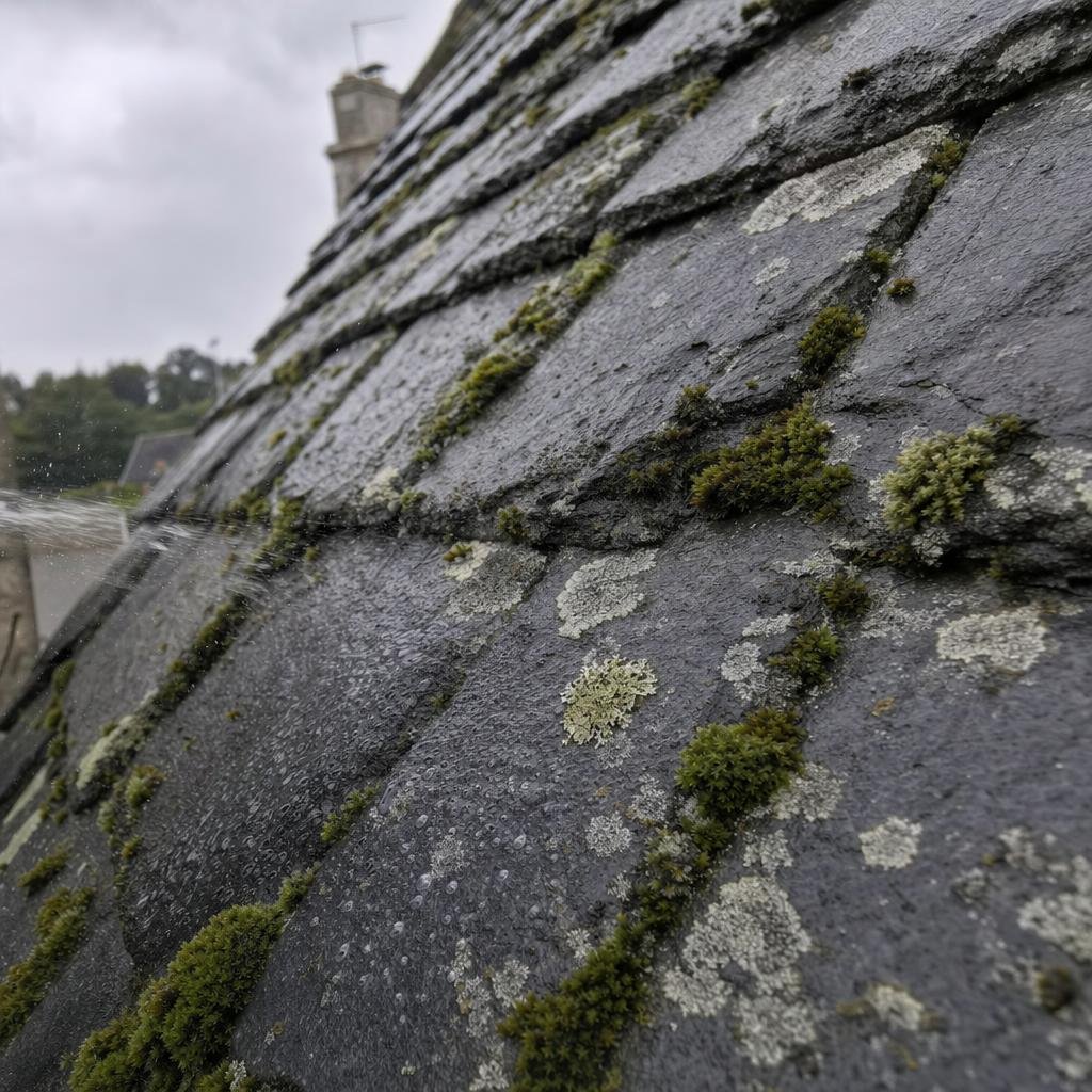 Application d'un traitement biocide curatif sur ardoise couverte de lichen à Rennes — MD Toiture