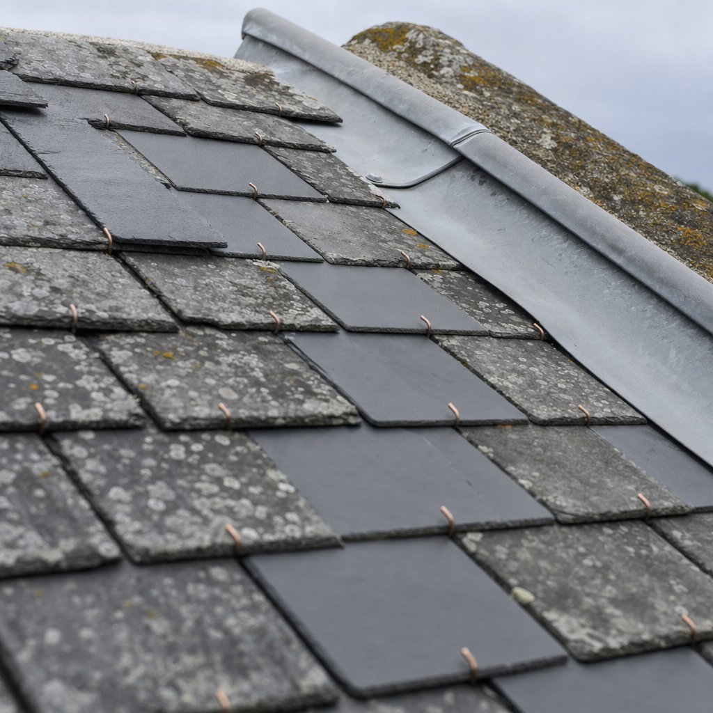 Détail d'ardoises naturelles vieillies et crochets de fixation sur une toiture bretonne — durée de vie ardoise MD Toiture