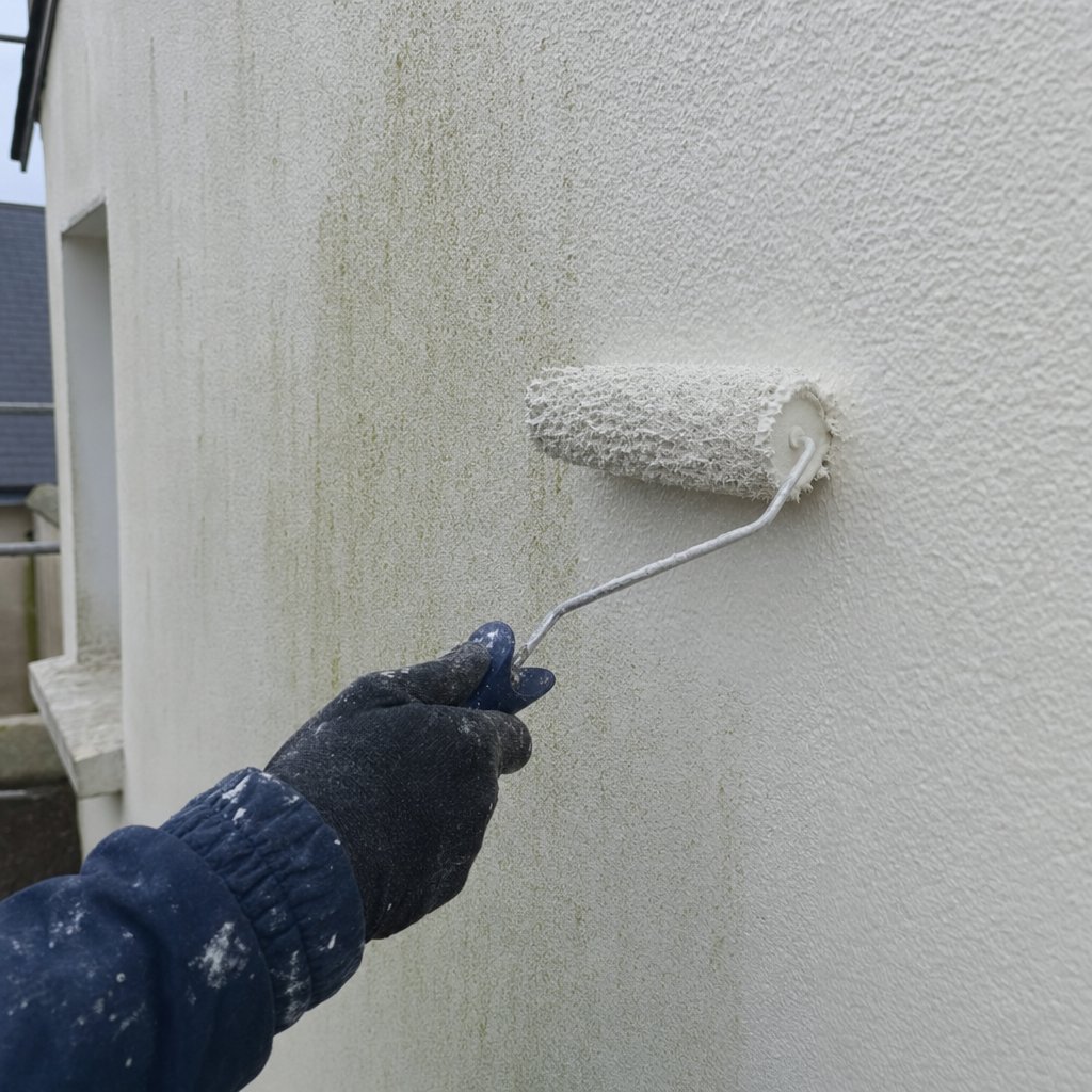 Artisan couvreur appliquant un traitement hydrofuge sur façade crépi Rennes — MD Toiture