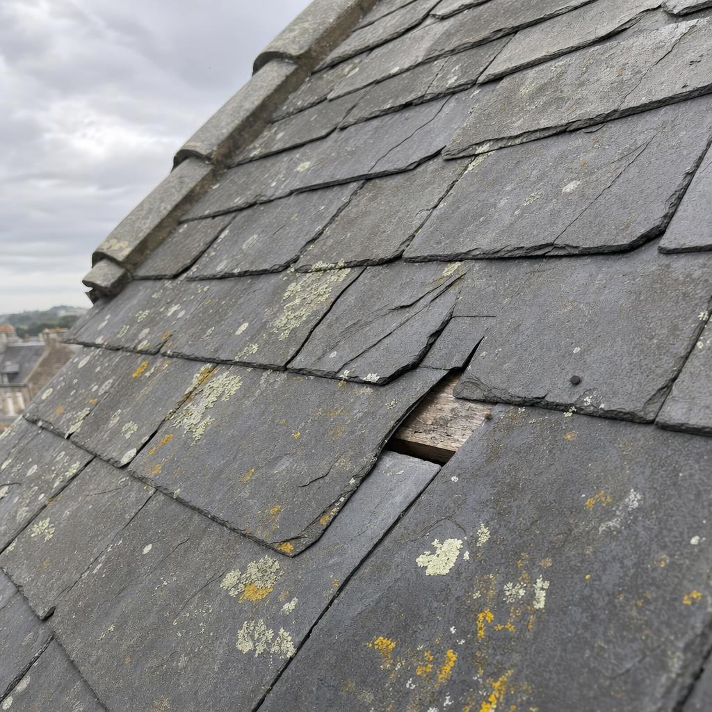 Ardoises en gros plan présentant mousse, lichens et fissures — signes de dégradation d'une toiture à Rennes