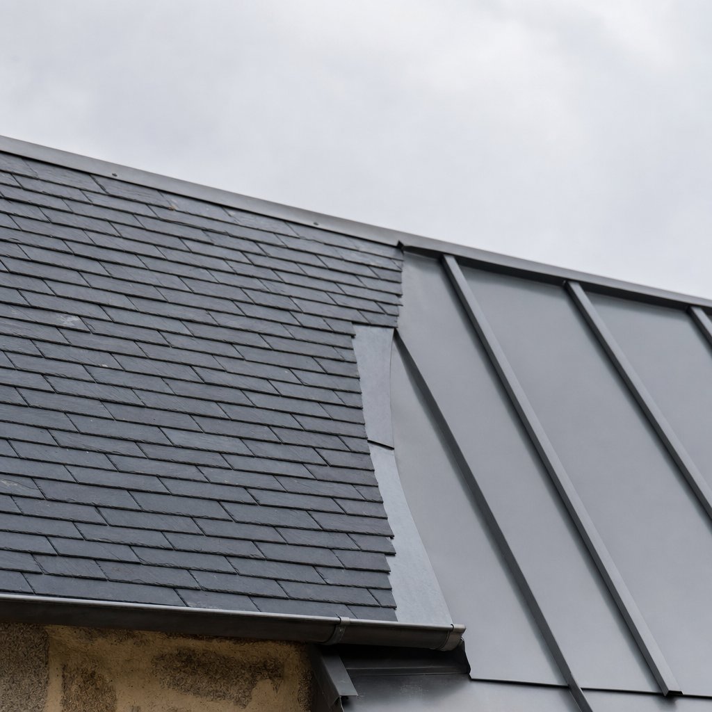 Détail zinguerie zinc à joint debout sur toiture ardoise naturelle à Rennes — MD Toiture